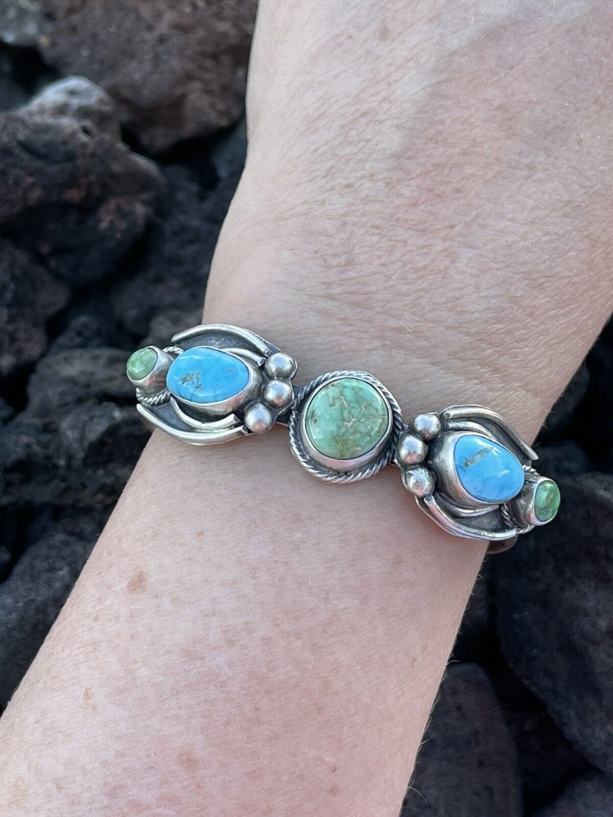 Navajo Sterling Sonoran Gold & Golden Hills Turquoise Cuff Bracelet Signed /