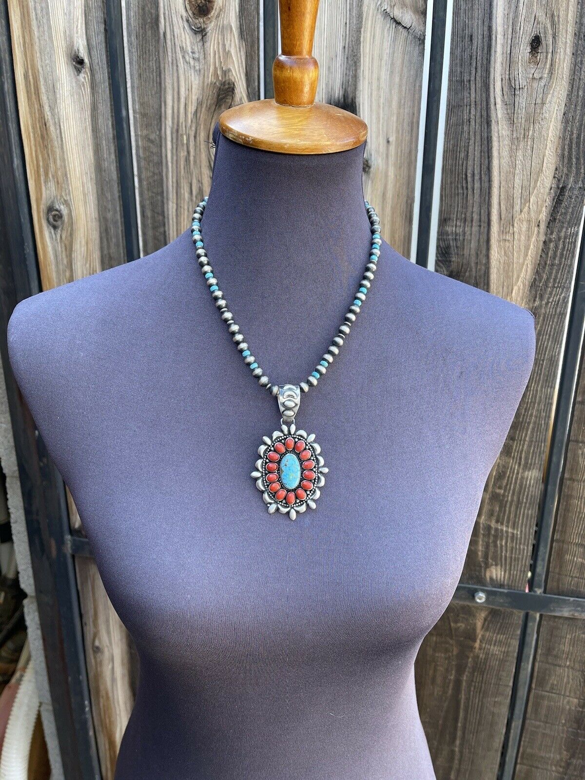 Handcrafted Sterling Kingman Web Turquoise & Red Coral Taos Ornate Pendant D. Clark