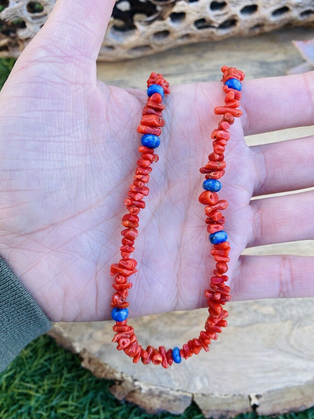 Handcrafted Apple Coral & Lapis Beaded Necklace 16"