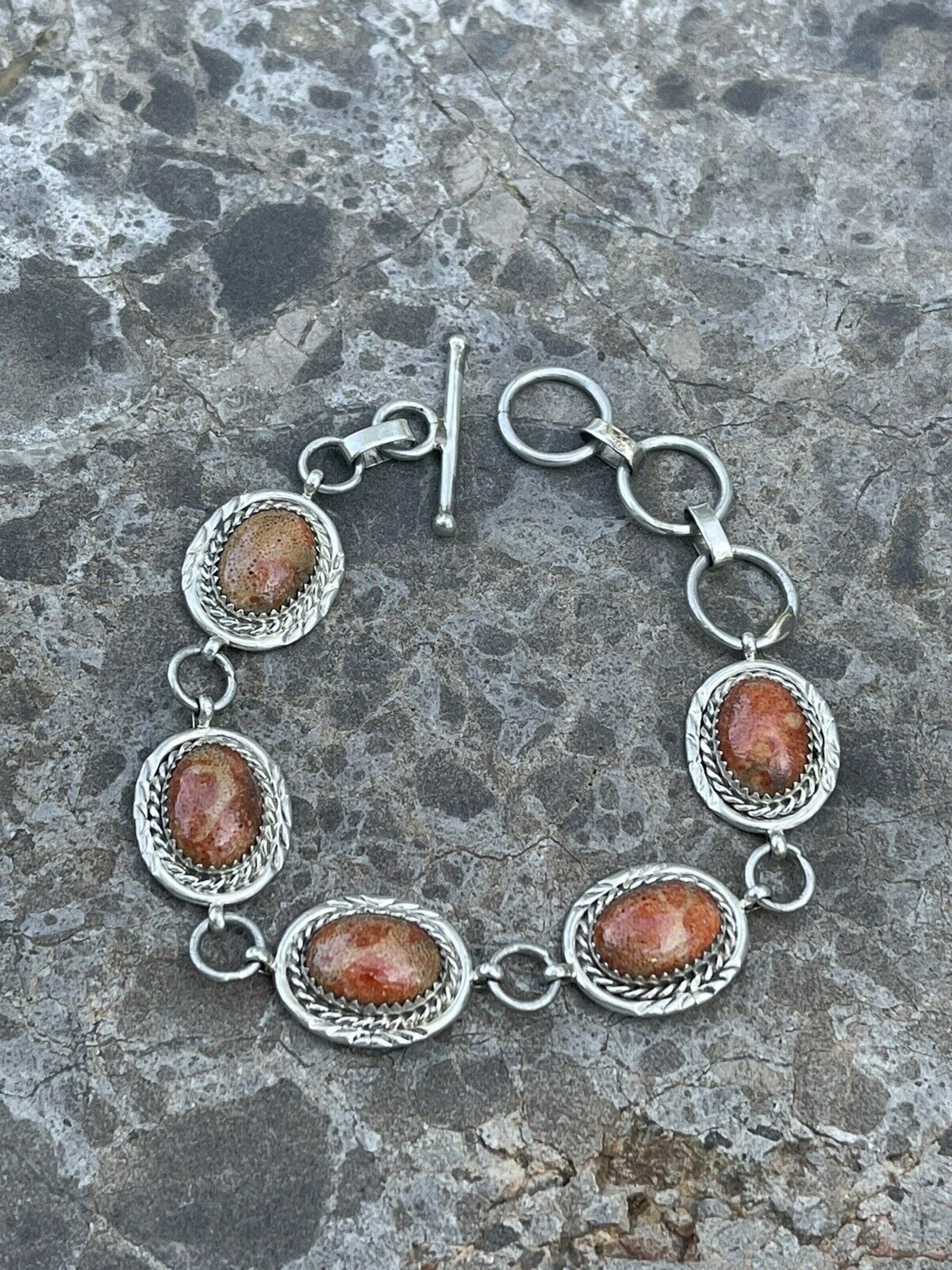 Handcrafted Rust Jasper & Sterling Silver Link Oval Southwest Bracelet