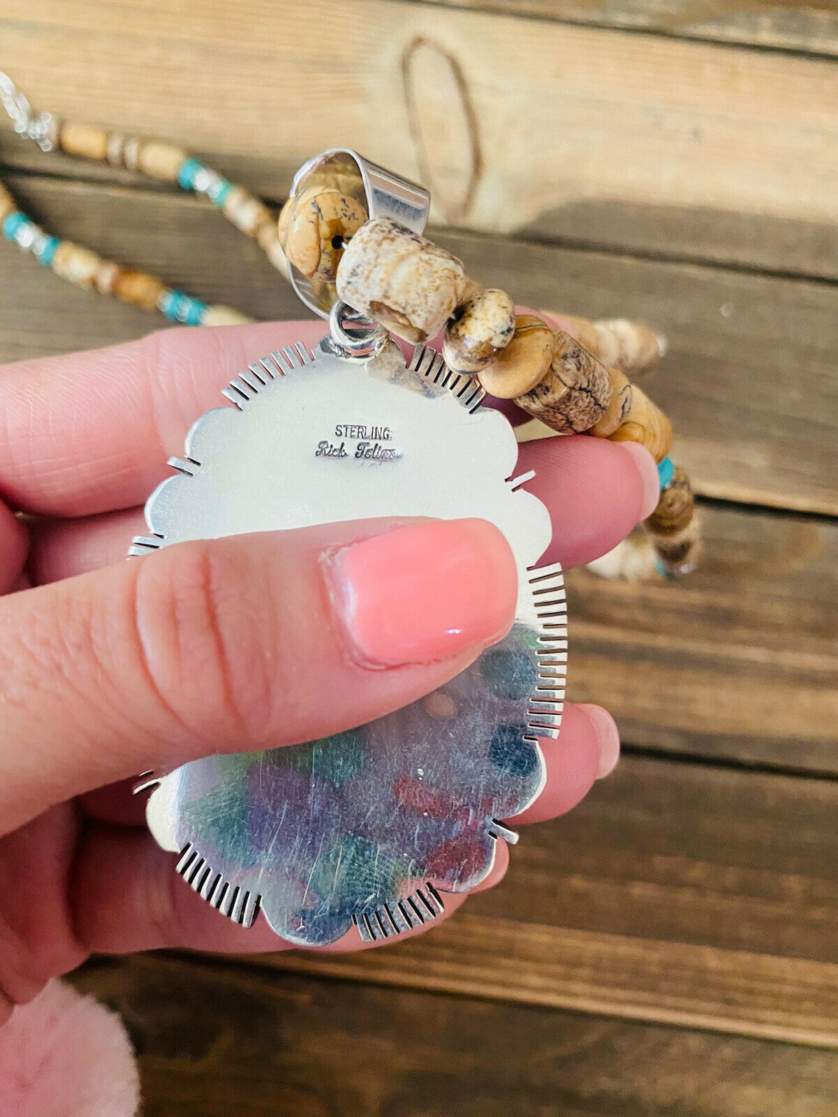 Handcrafted Jasper, Turquoise And Sterling Silver Beaded Necklace & Pendant Signed