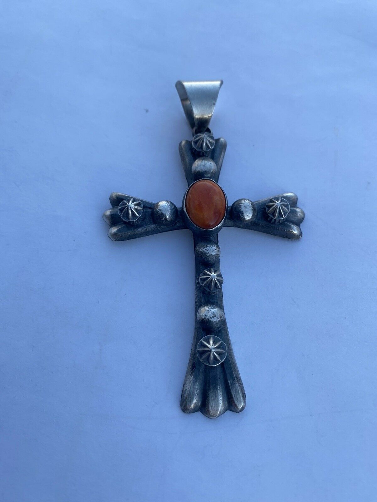 Navajo Sterling Silver & Orange Spiny Shell Cross Pendant Chimney Butte