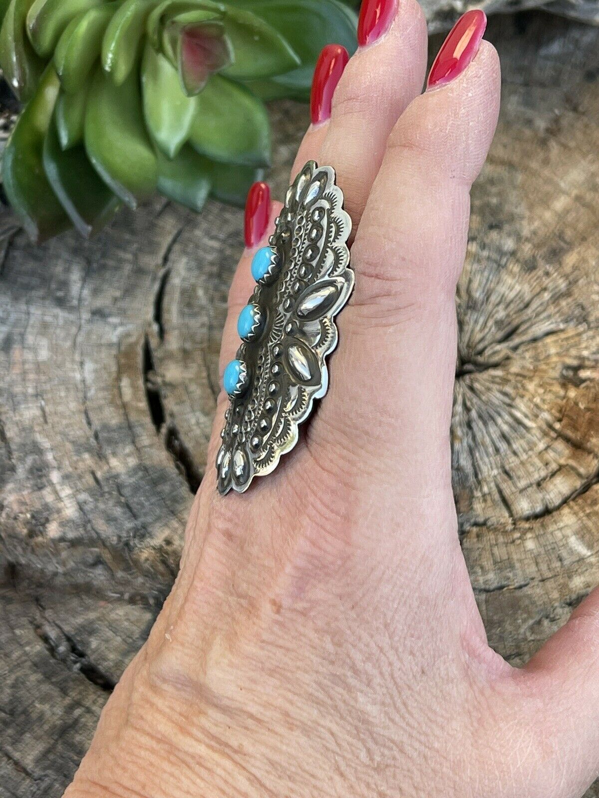 Handcrafted 3 Stone Turquoise & Sterling Silver Concho Ring Adjustable Signed L.Tahe