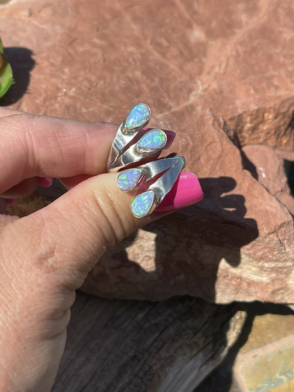 Handcrafted Sterling Silver Bright Blue Opal Adjustable 4 Stone Ring