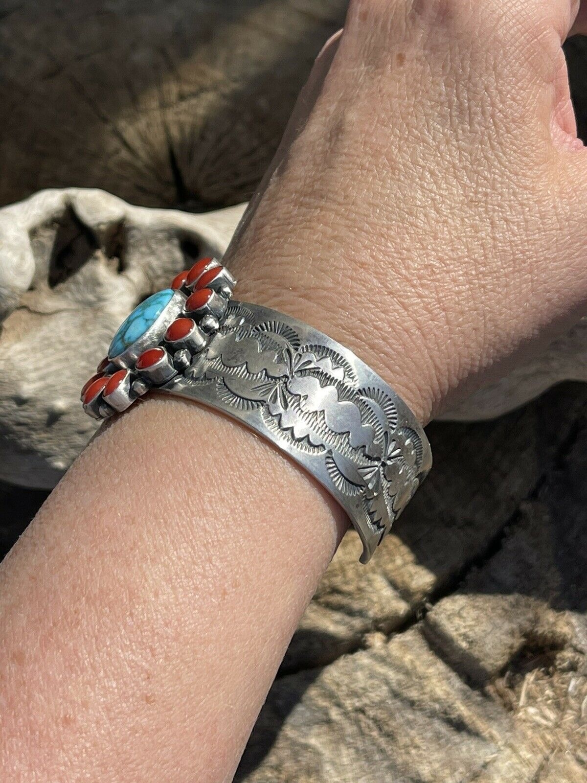 Navajo Sterling Kingman Web Turquoise & Red Coral Taos Bracelet Cuff by Bobby Johnson /
