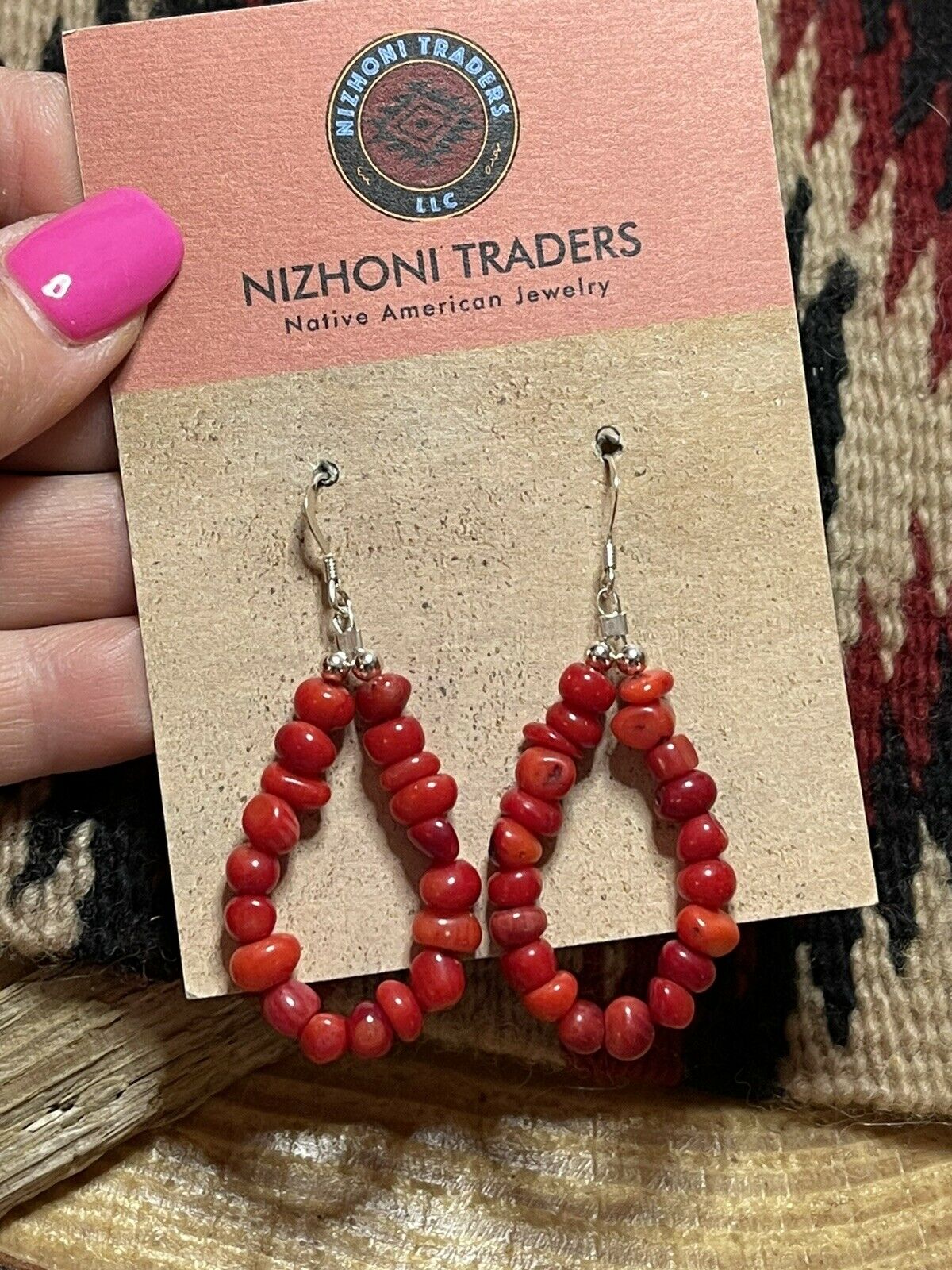 Handcrafted Sterling Silver Bead Apple Coral Dangle 2”Long Hoop Earrings