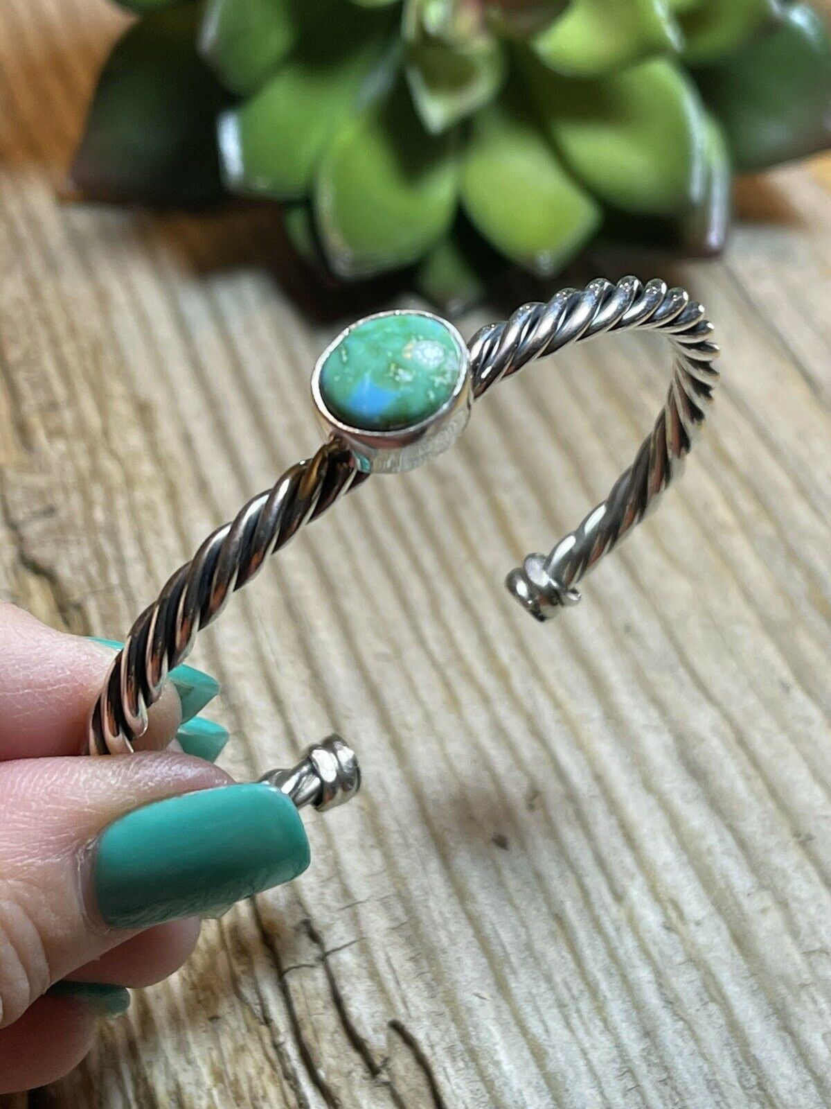 Handcrafted Sterling Silver Rope Twist Natural Turquoise Cuff Bracelet