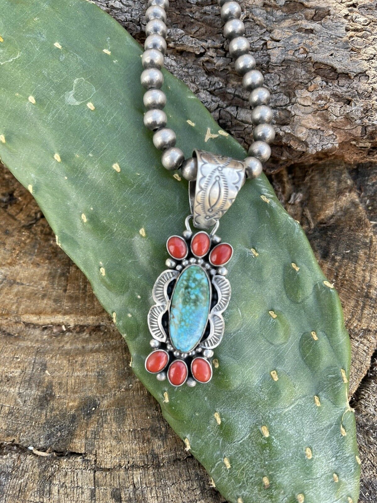 Handcrafted Sterling Kingman Web Turquoise & Red Coral Pendant Taos Collection