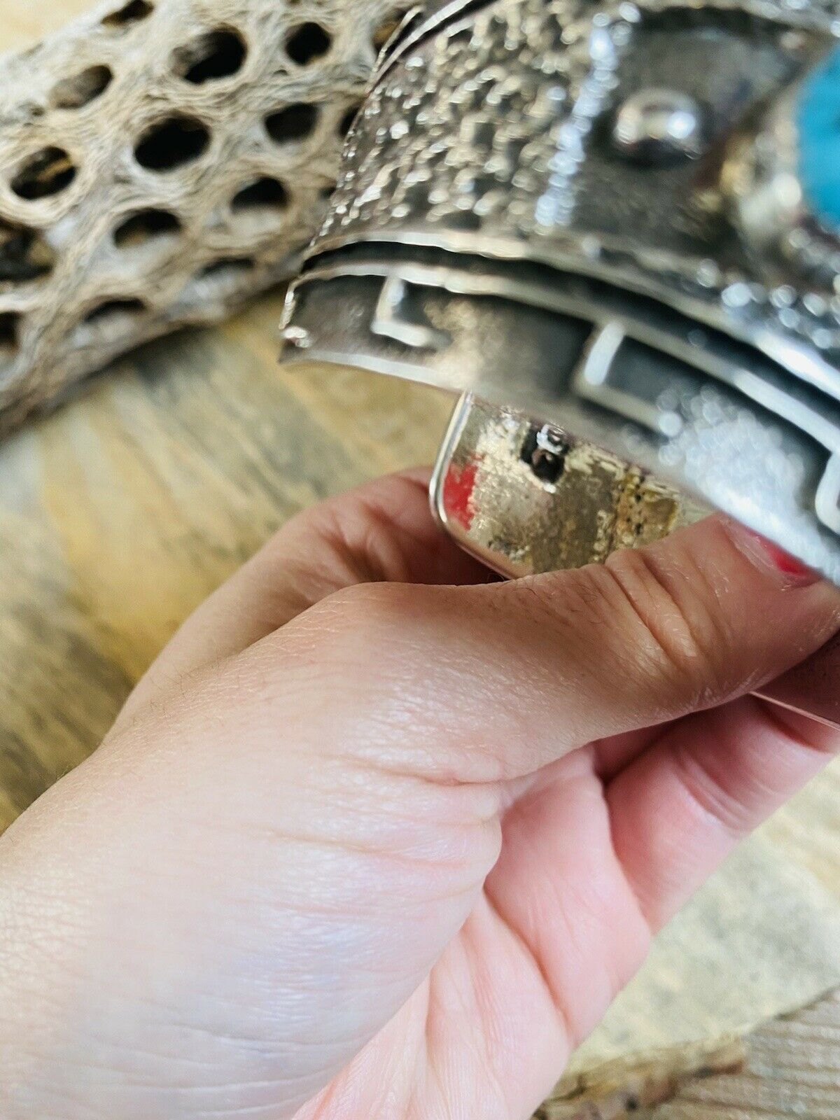 Handcrafted Kingman Turquoise & Hand Stamped Sterling Silver Cuff Bracelet