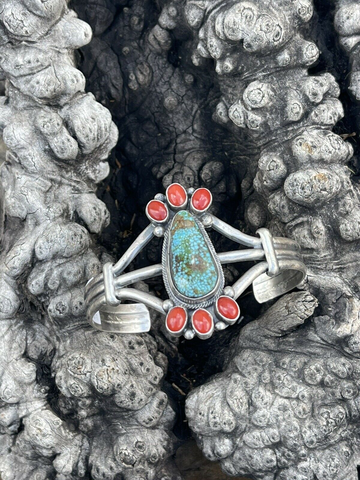 Handcrafted Sterling Silver Kingman Web Turquoise & Red Coral Taos Bracelet Cuff by Bobby Johnson /