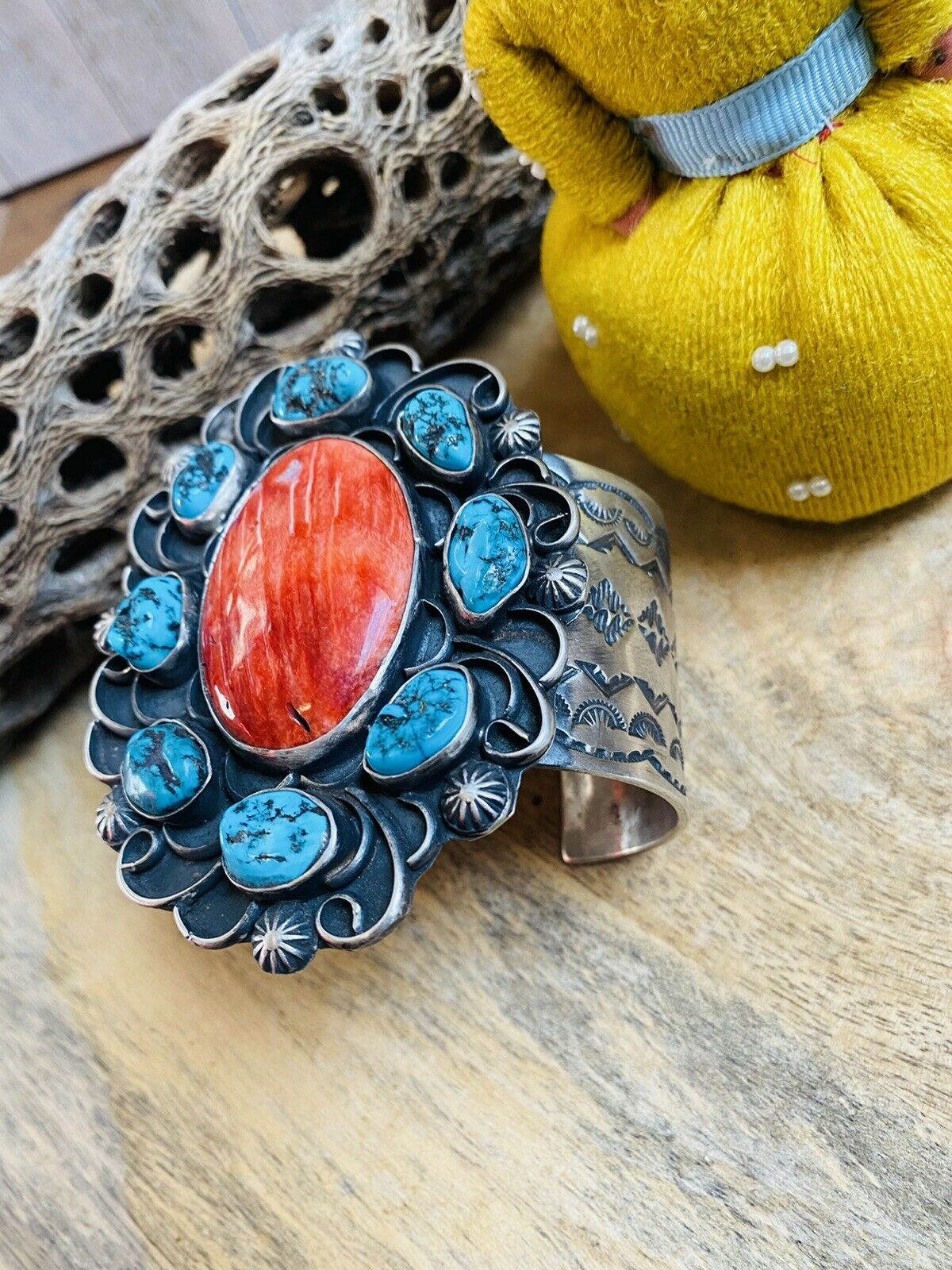 Navajo Turquoise, Orange Spiny & Sterling Silver Cuff Bracelet Signed /