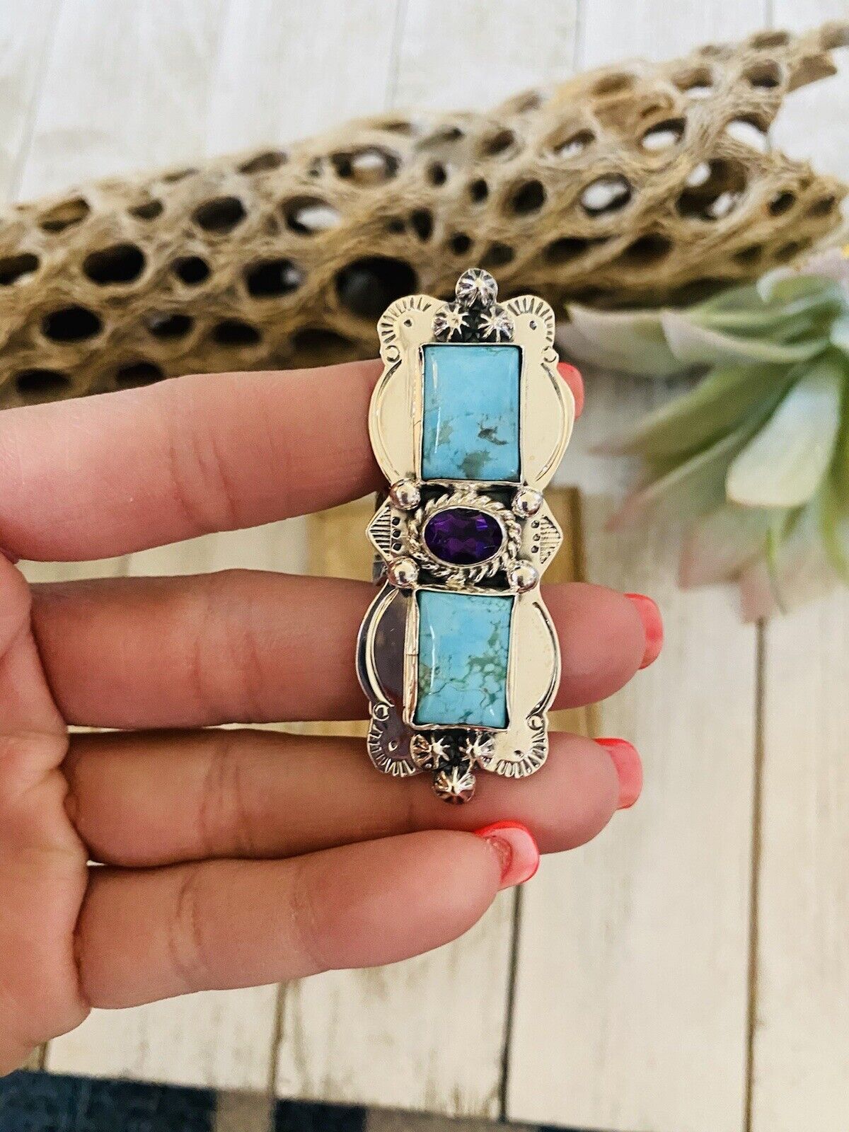 Handcrafted Kingman Turquoise, Amethyst & Sterling Silver Ring