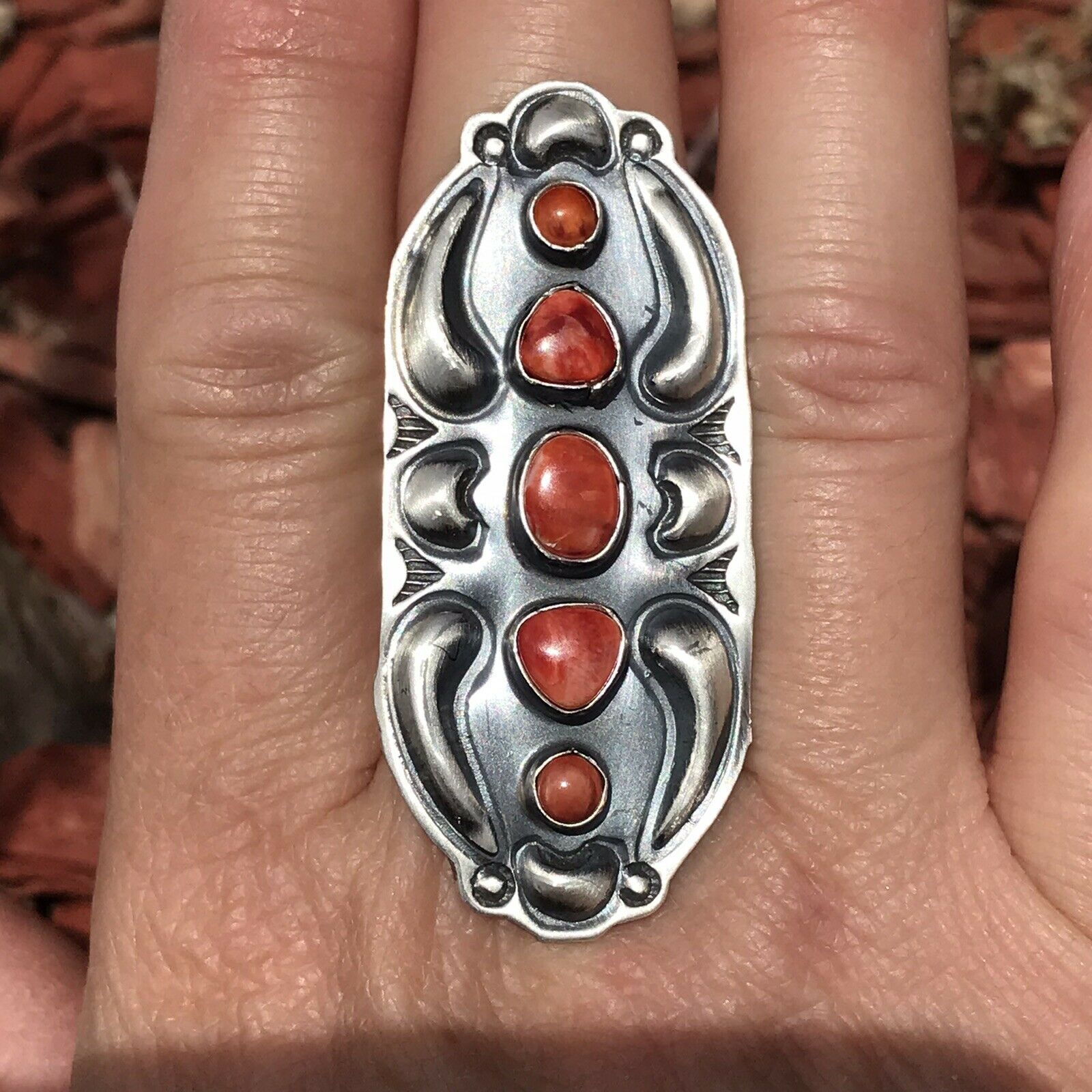 Handcrafted Sterling Silver Orange Spiny Oyster 5 Stone Ring