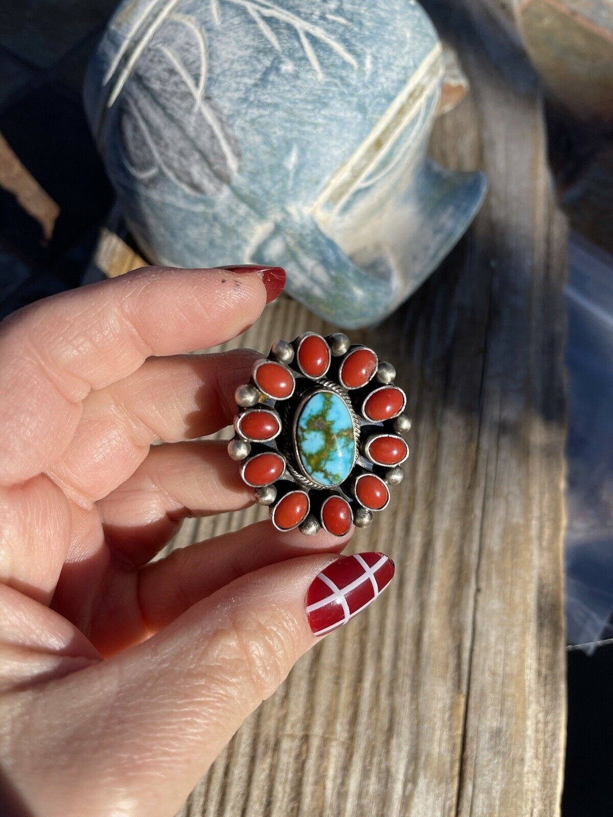 Handcrafted Sterling Silver Kingman Web Turquoise & Red Coral Taos Ring Sz 7