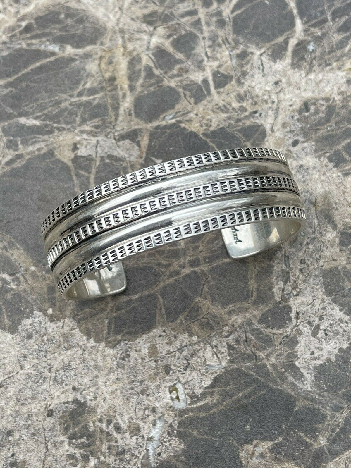Handcrafted Sterling Silver Tribal Style Hand Stamped Bracelet Cuff Signed