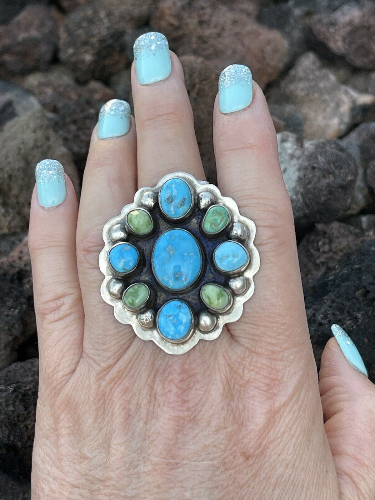 Navajo Sterling Sonoran Gold And Golden Hills Turquoise Cluster Ring Size 8.5