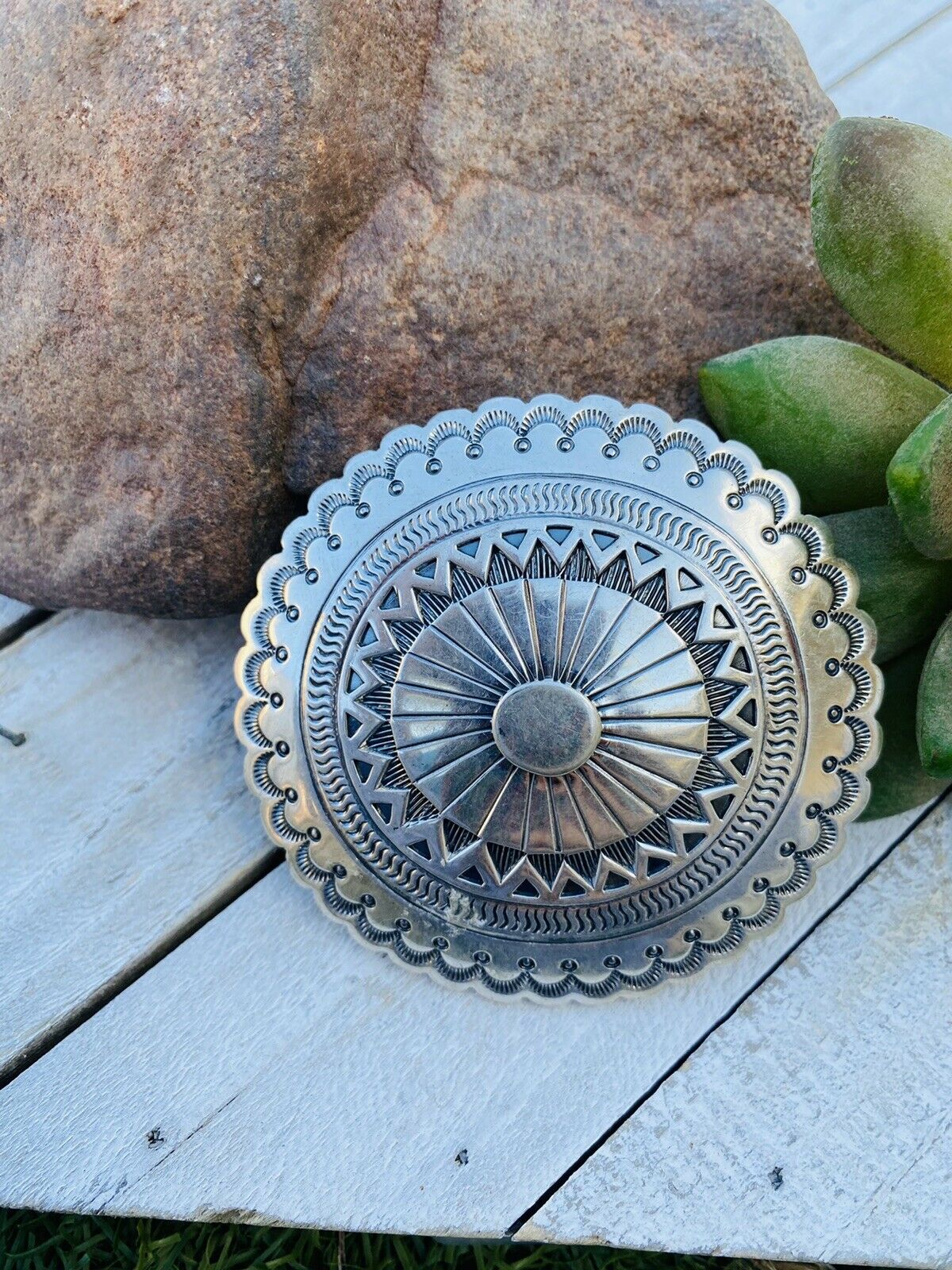 Handcrafted Vintage Hand Stamped Sterling Silver Belt Buckle Signed