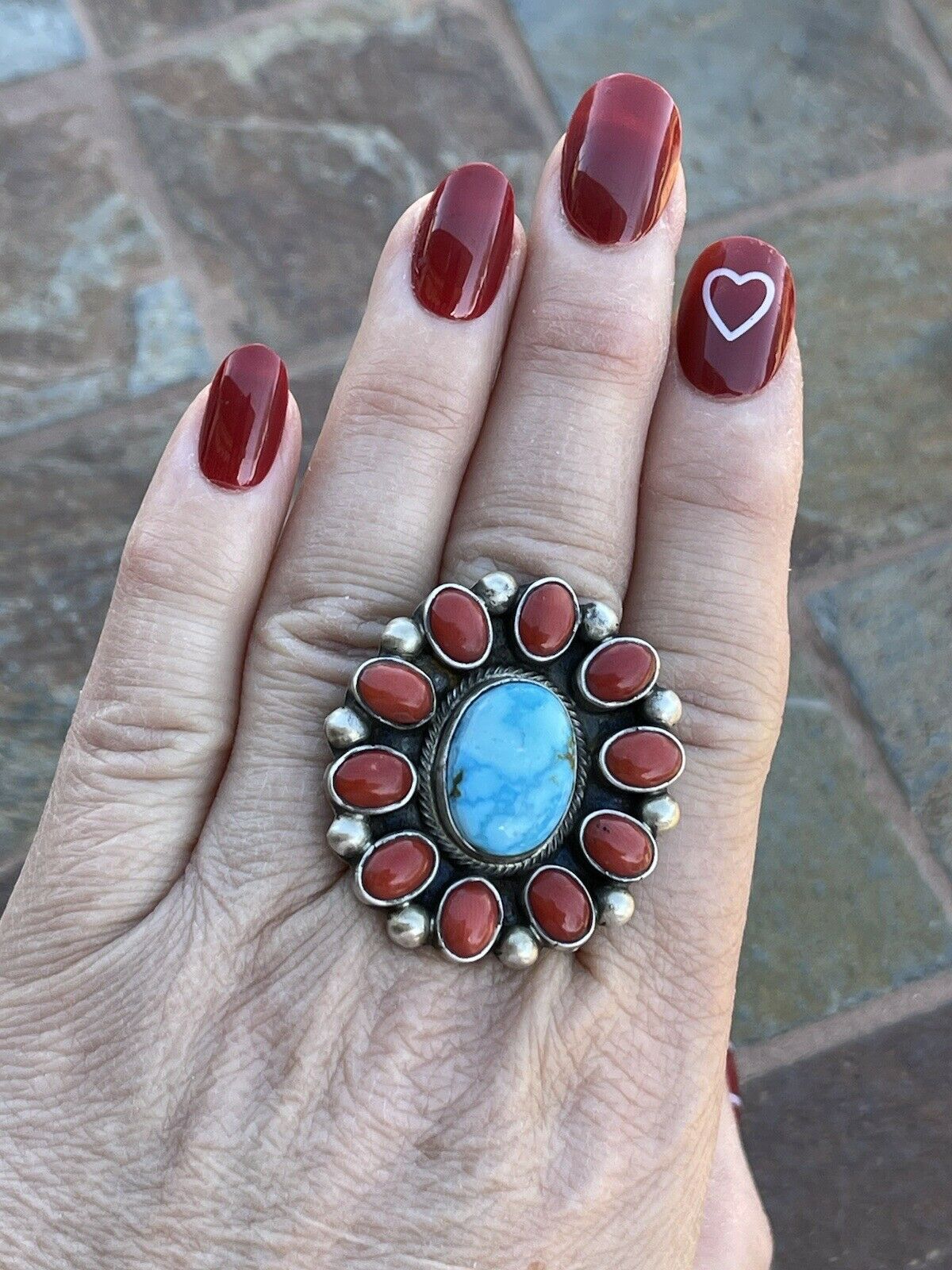 Handcrafted Sterling Silver Kingman Web Turquoise & Red Coral Taos Ring Sz 5.5