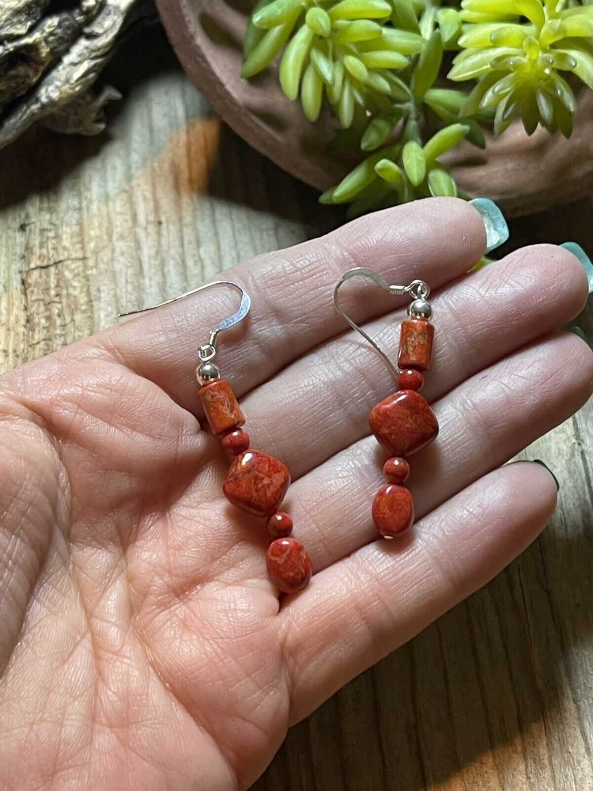 Handcrafted Sterling Silver Apple Coral Strand Beaded Earrings