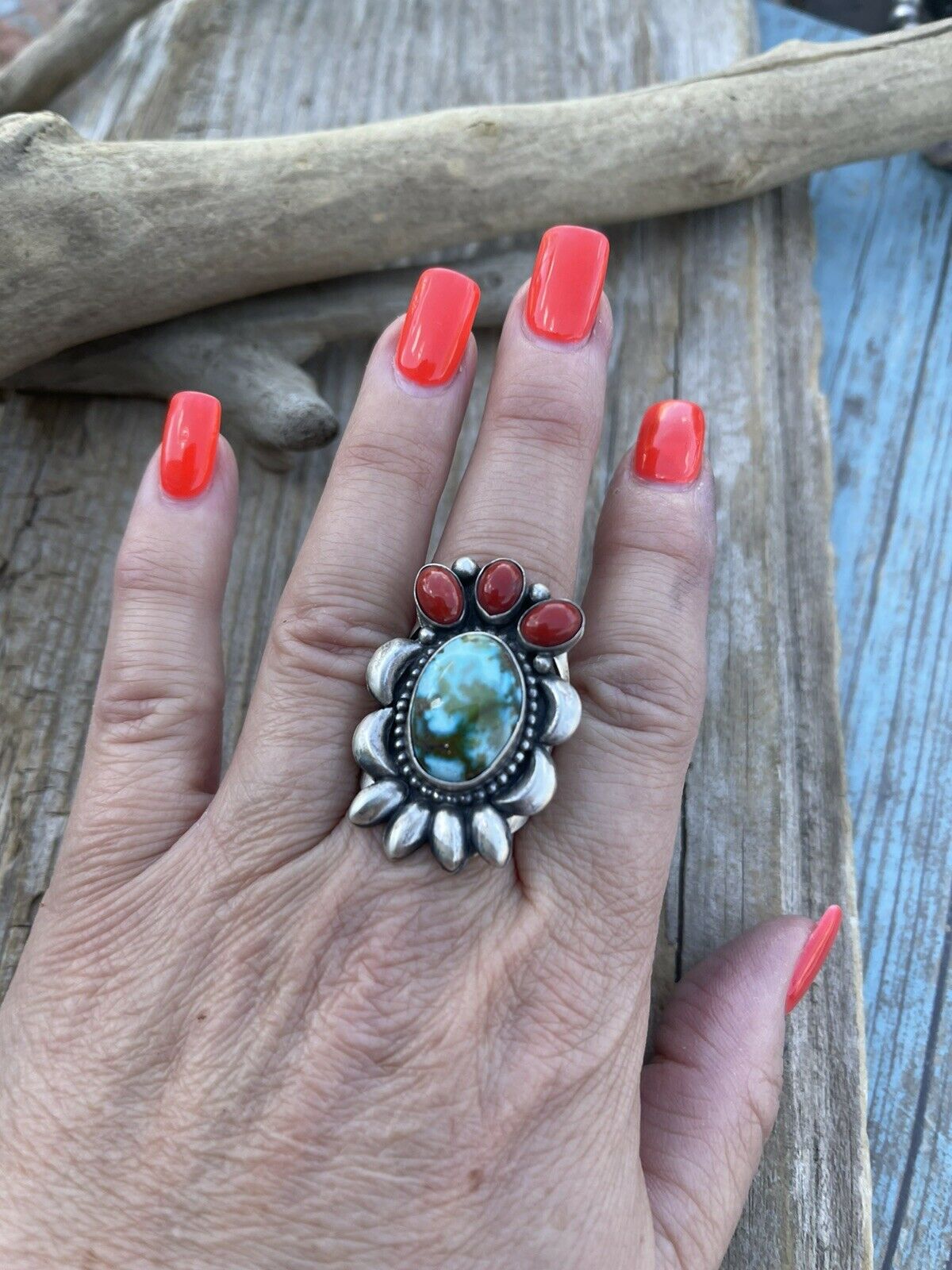 Handcrafted Sterling Silver Kingman Web Turquoise & Red Coral Taos Collection Ring Sz 8.5