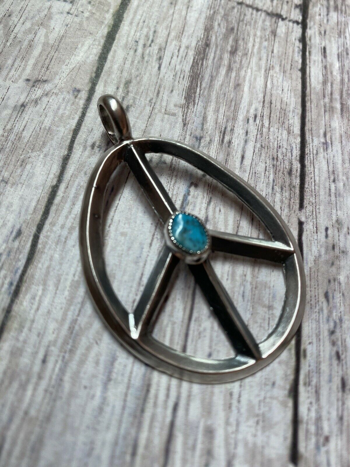 Handcrafted Sterling Silver & Kingman Turquoise Peace Sign Pendant Signed