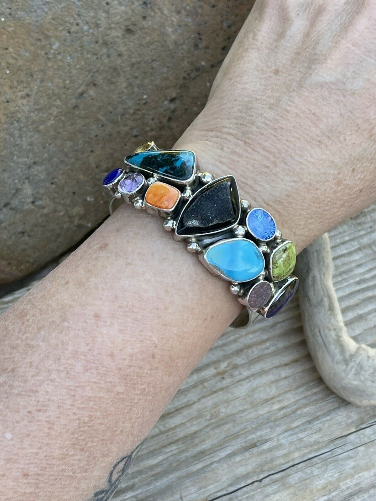 Handcrafted Multi Stone & Gem Sterling Silver Cuff Bracelet Signed