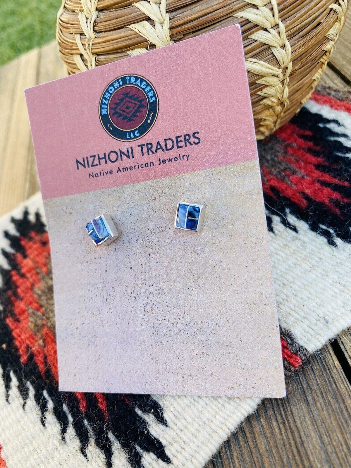 Handcrafted Natural Blue Opal And Sterling Silver Inlay Stud Earrings