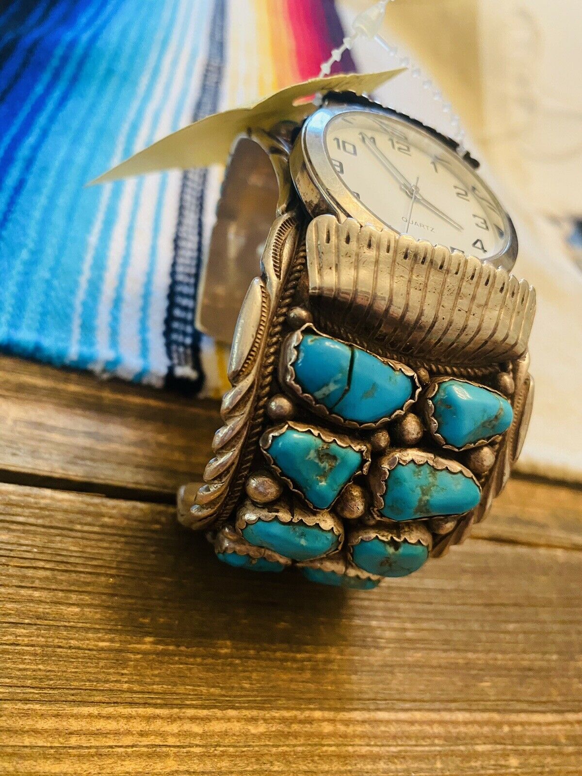 Handcrafted Vintage Turquoise & Sterling Silver Jumbo Watch Cuff Signed