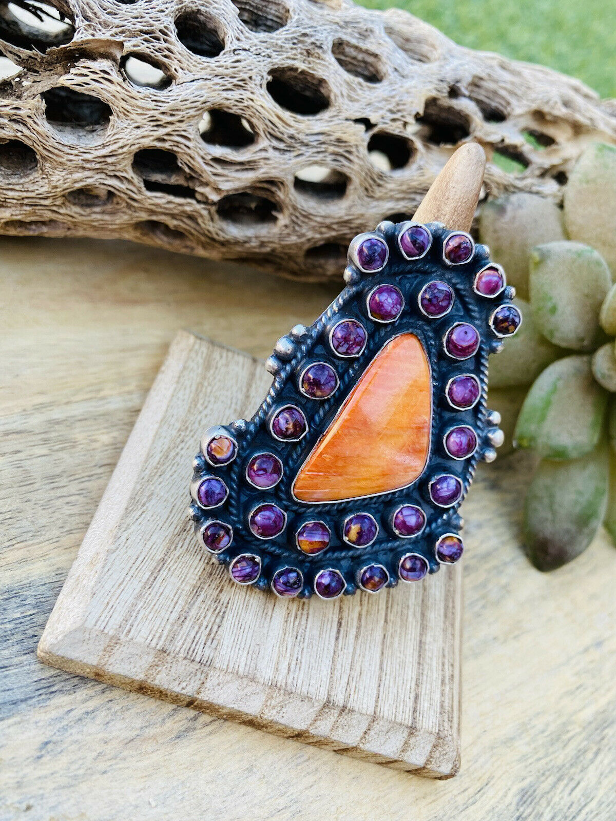 Handcrafted Sterling Silver & Purple & Orange Spiny Cluster Ring Size 7.5