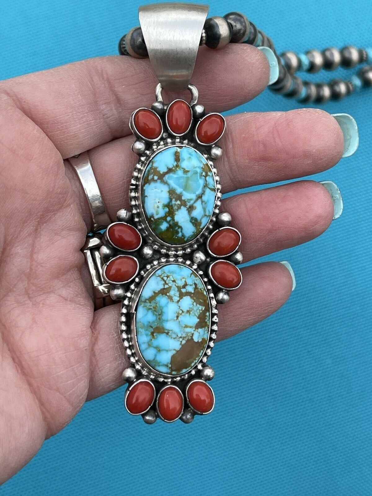Handcrafted Sterling Kingman Web Turquoise & Red Coral Taos Pendant Bea Tom