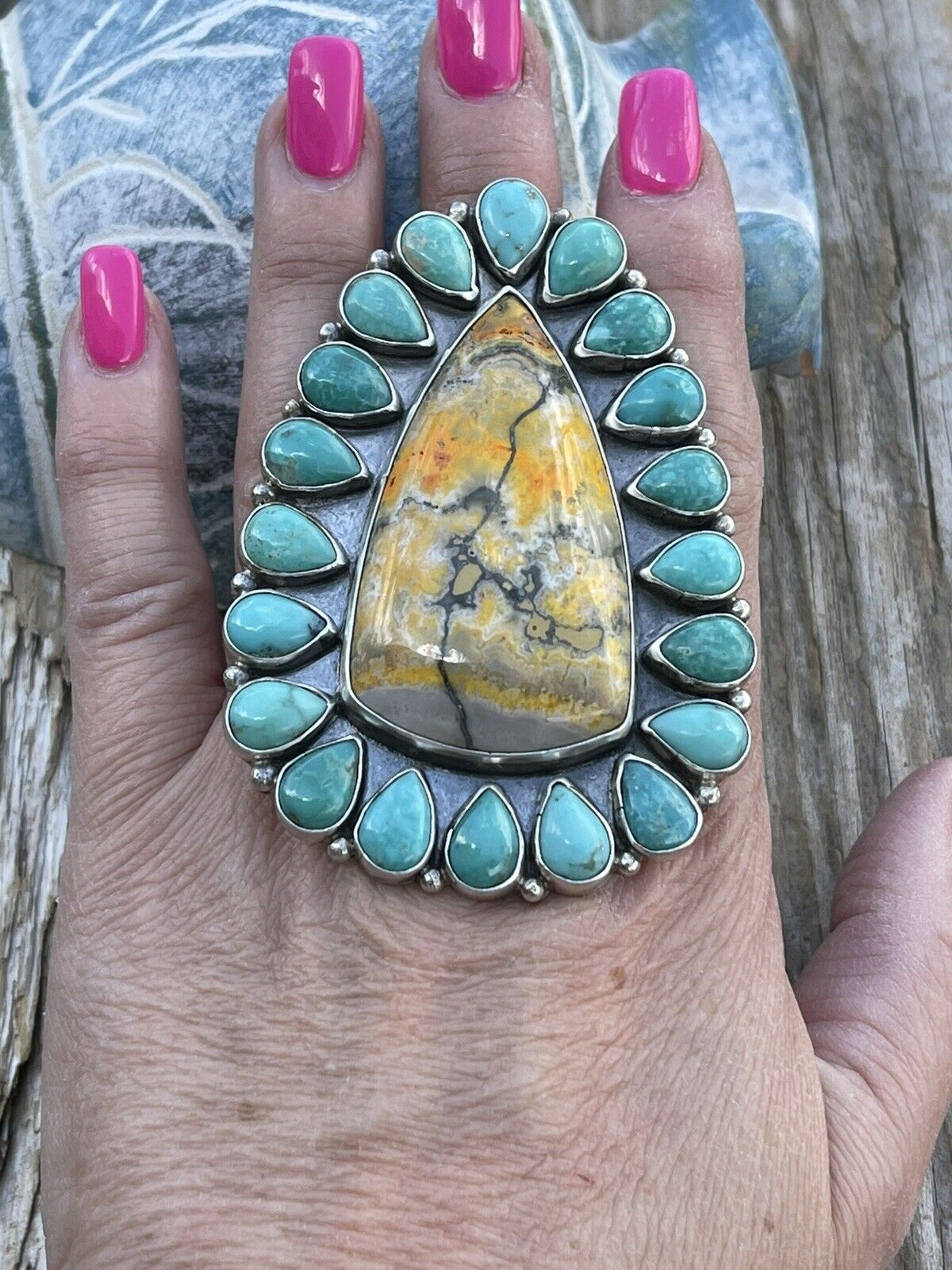Handcrafted Sterling Bumblebee and Turquoise Stone Ring Sz 9.5