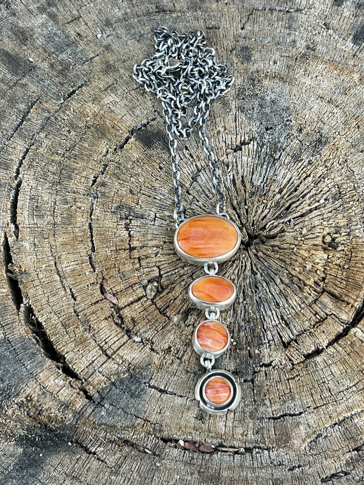 Handcrafted Orange Spiny Circle & Sterling Silver 4 Stone Lariat Necklace