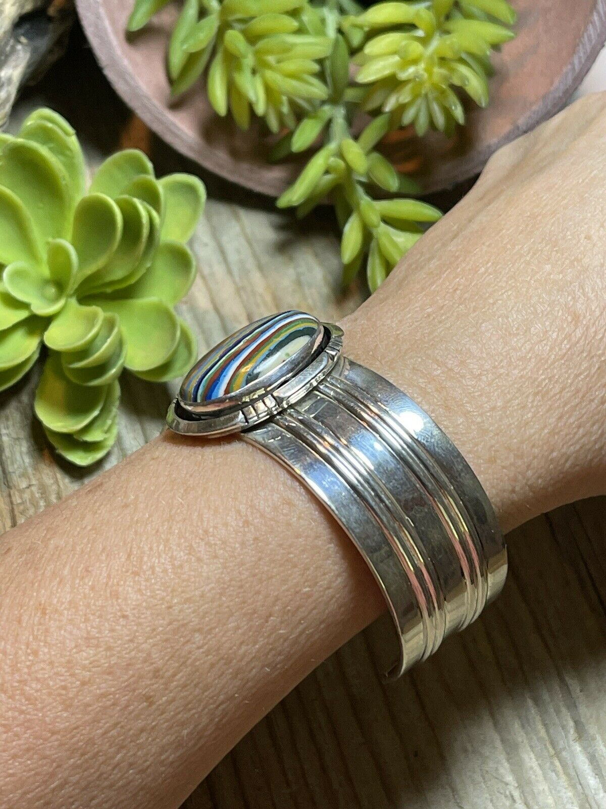 Handcrafted Sterling Silver & Rainbow Stone Signed Cuff Bracelet