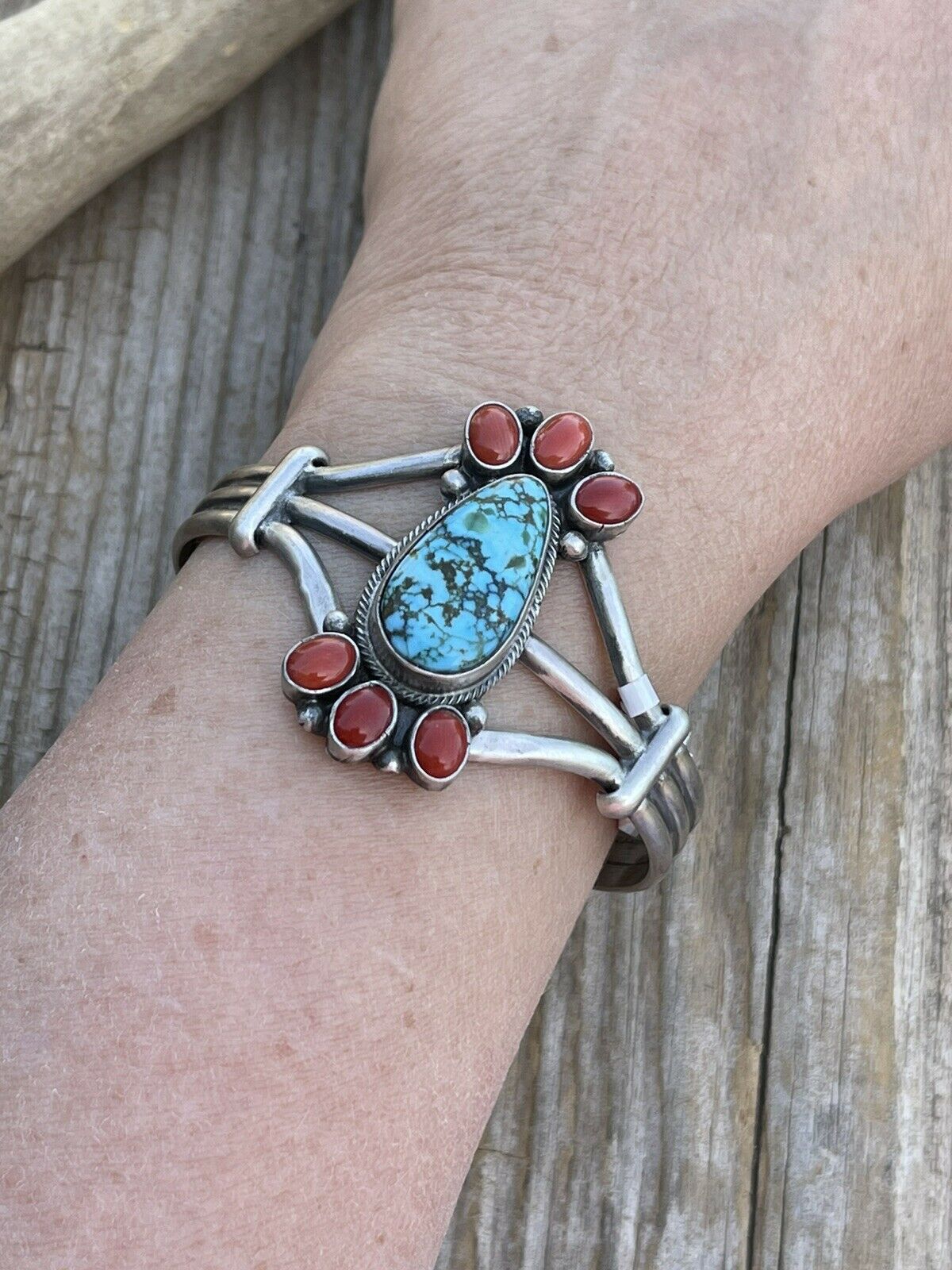 Navajo Sterling Kingman Web Turquoise & Red Coral Taos Bracelet Cuff by Bobby Johnson /