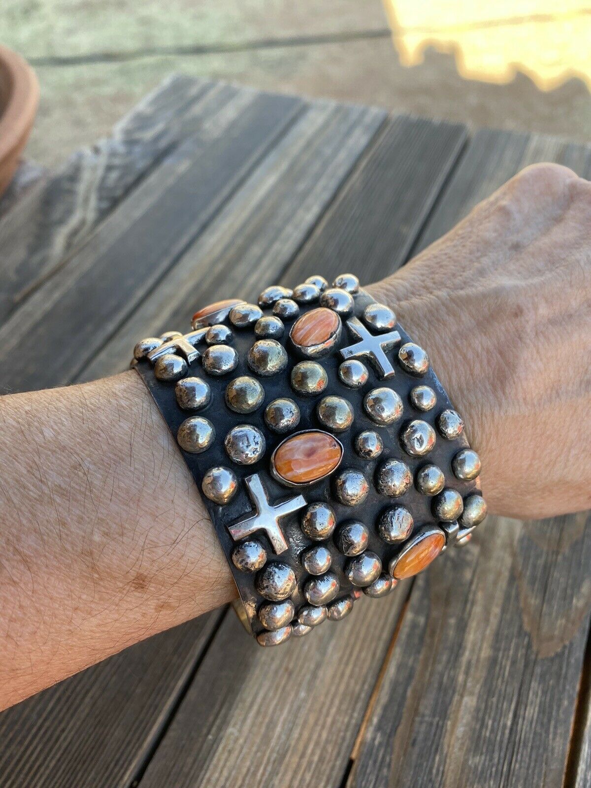 Handcrafted Sterling Silver & Orange Spiny Cross Bracelet By Chimney Butte Signed
