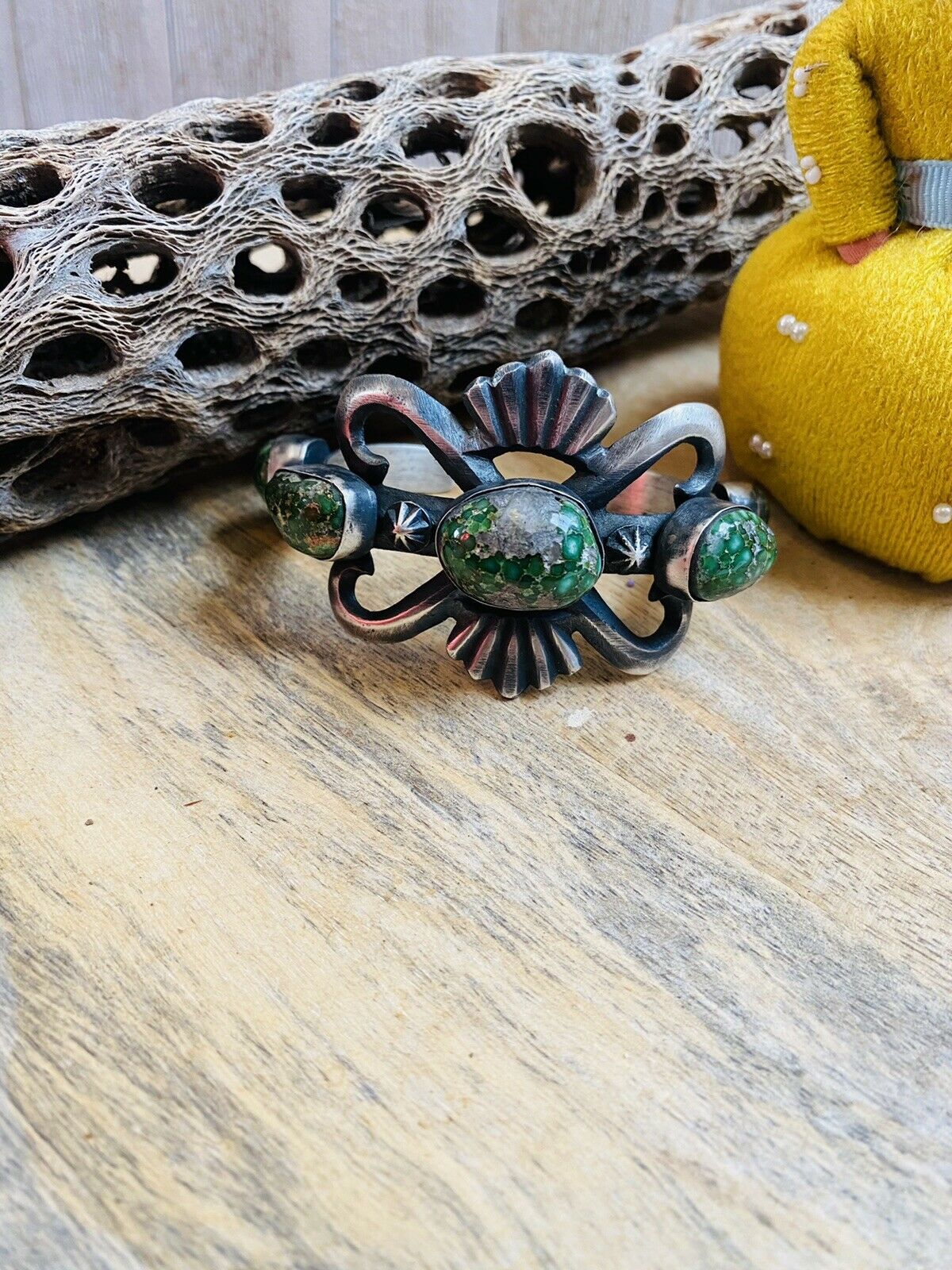 Navajo Sterling Silver & Sonoran Gold Turquoise Cuff Bracelet By Chimney Butte /