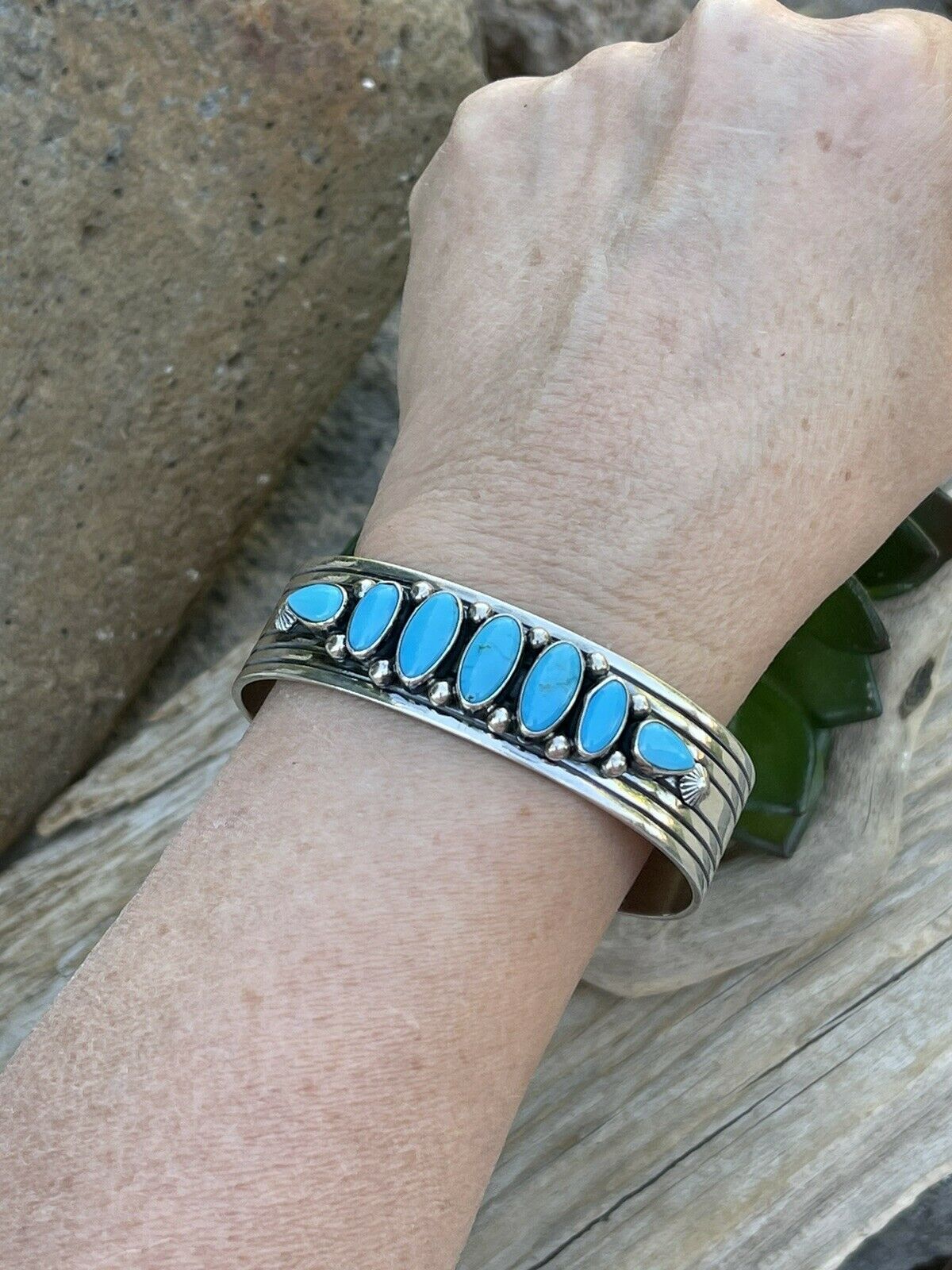 Handcrafted Sterling & Kingman Turquoise Stacker Cuff Bracelet Artist R. Bennett /