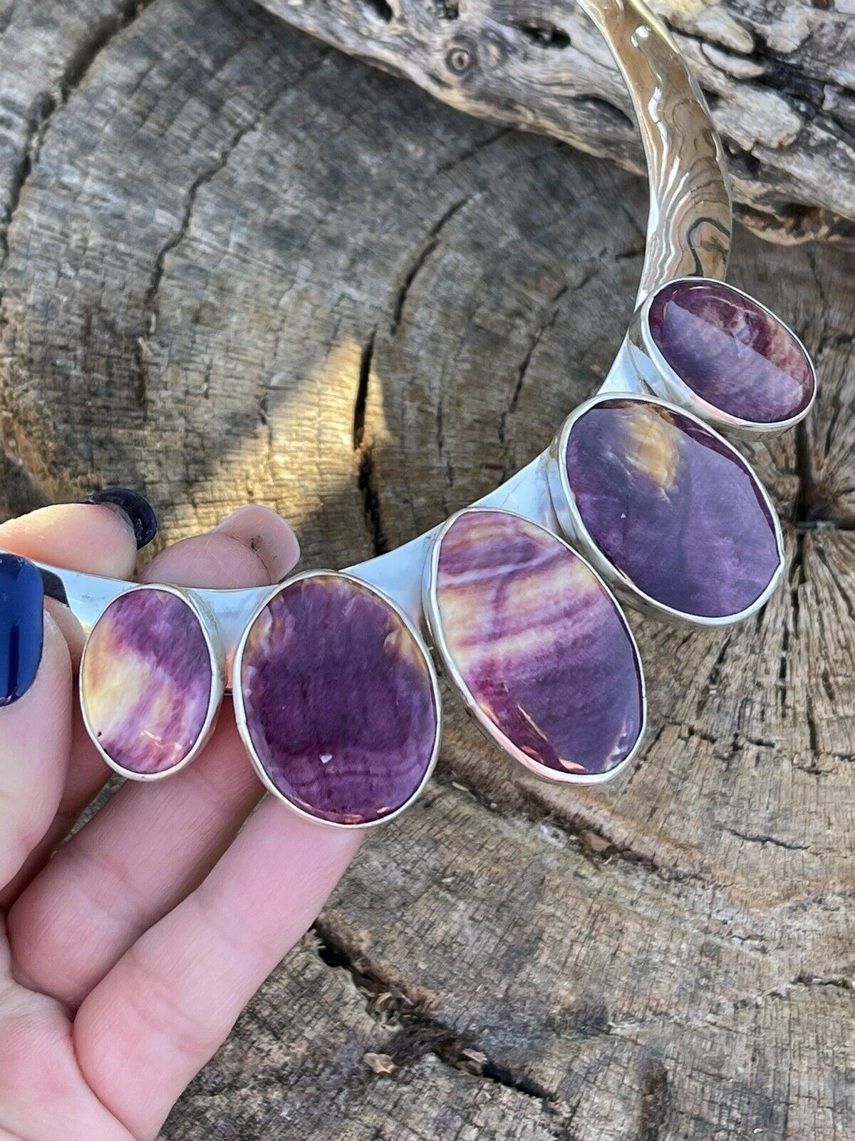 Handcrafted Sterling Silver & Spiny 5 Stone Choker Necklace Signed