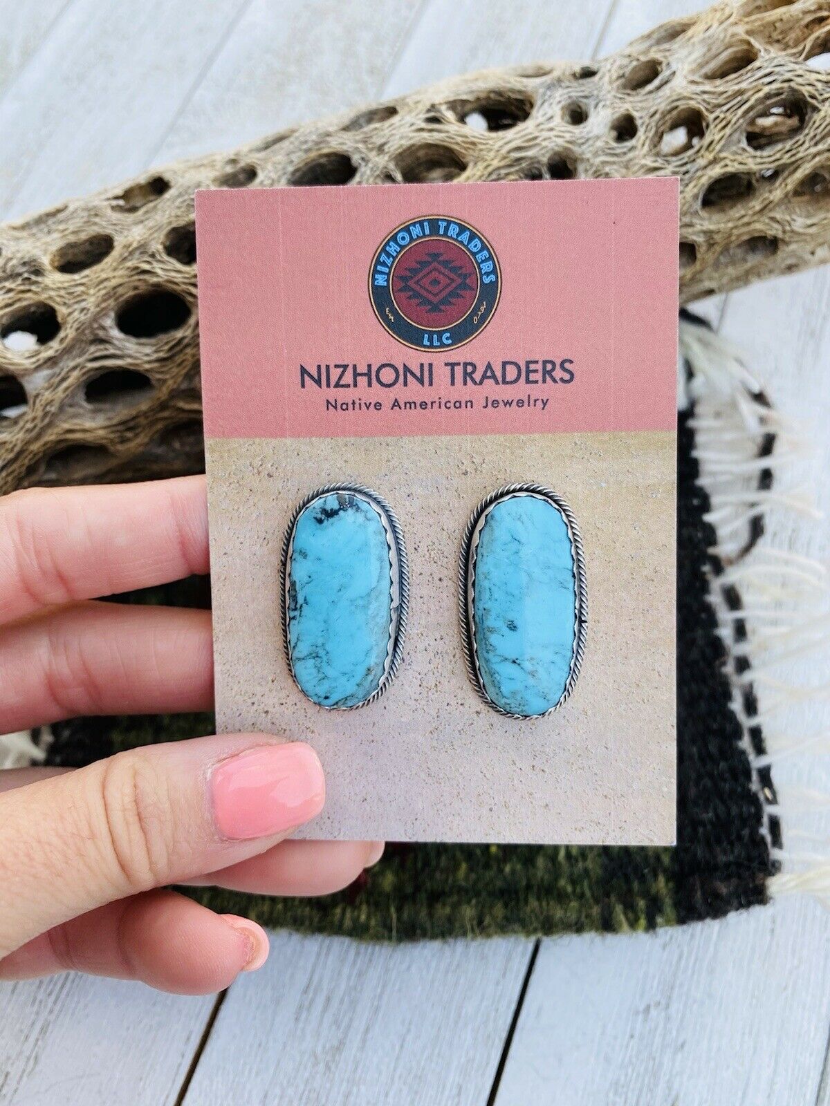 Handcrafted Turquoise & Sterling Silver Post Earrings Signed
