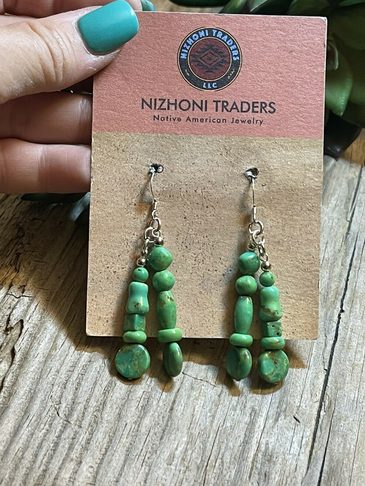 Handcrafted Sterling Dyed Green Kingman Turquoise Multi Bead Earrings