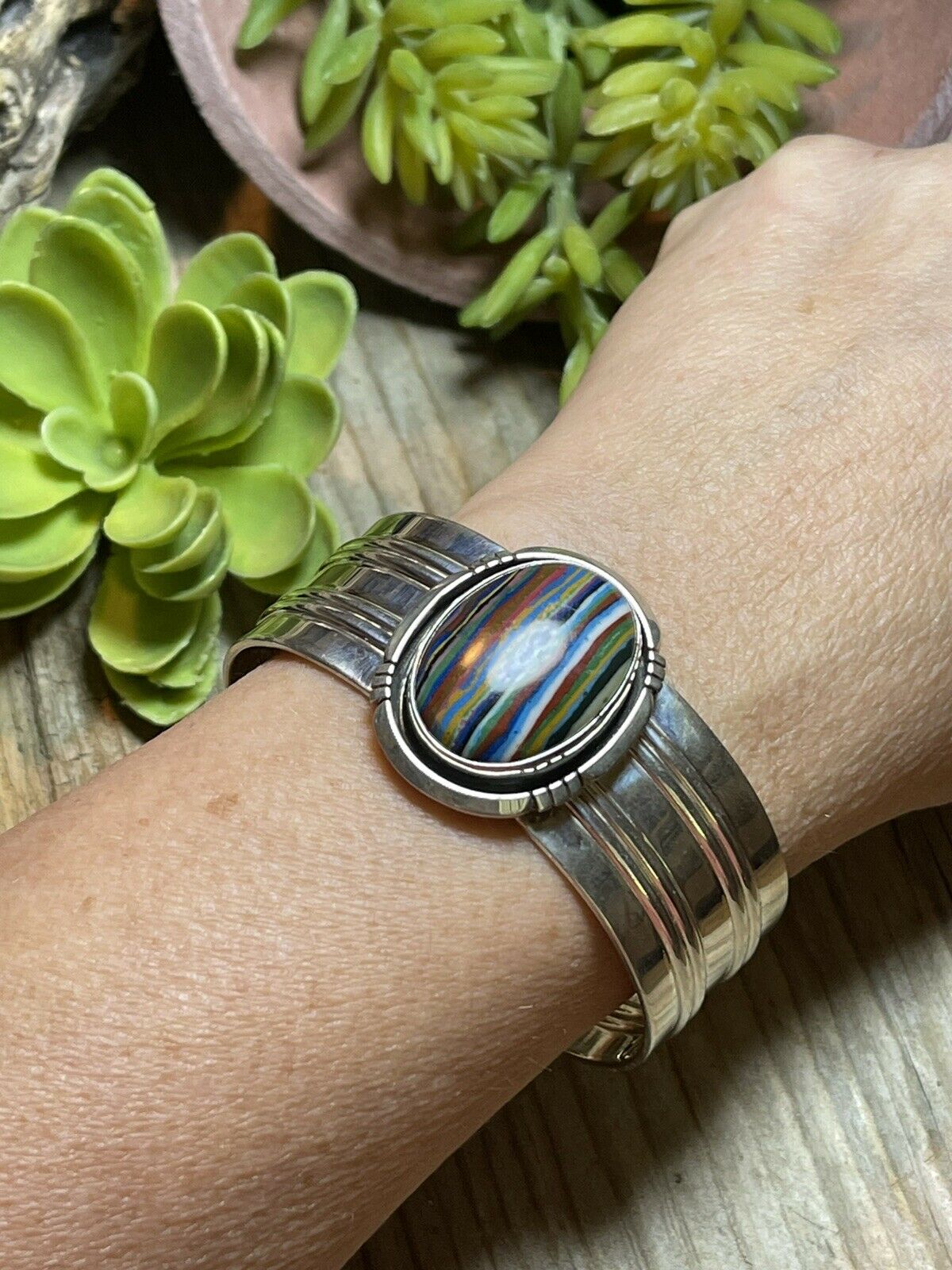 Handcrafted Sterling Silver & Rainbow Stone Signed Cuff Bracelet