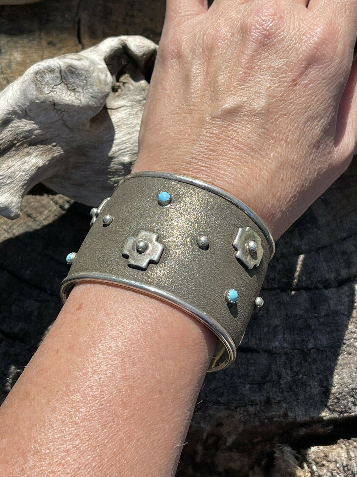 Handcrafted Sterling Silver Cross Bracelet Cuff With Turquoise Accent Stones Signed /