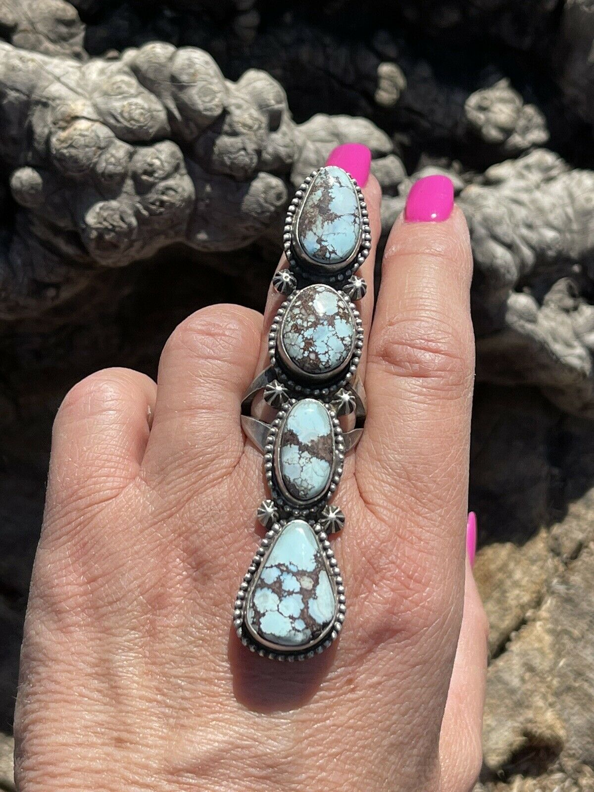 Handcrafted Golden Hills Turquoise & Sterling Silver Ring Sz 6.5 Signed Bobby John