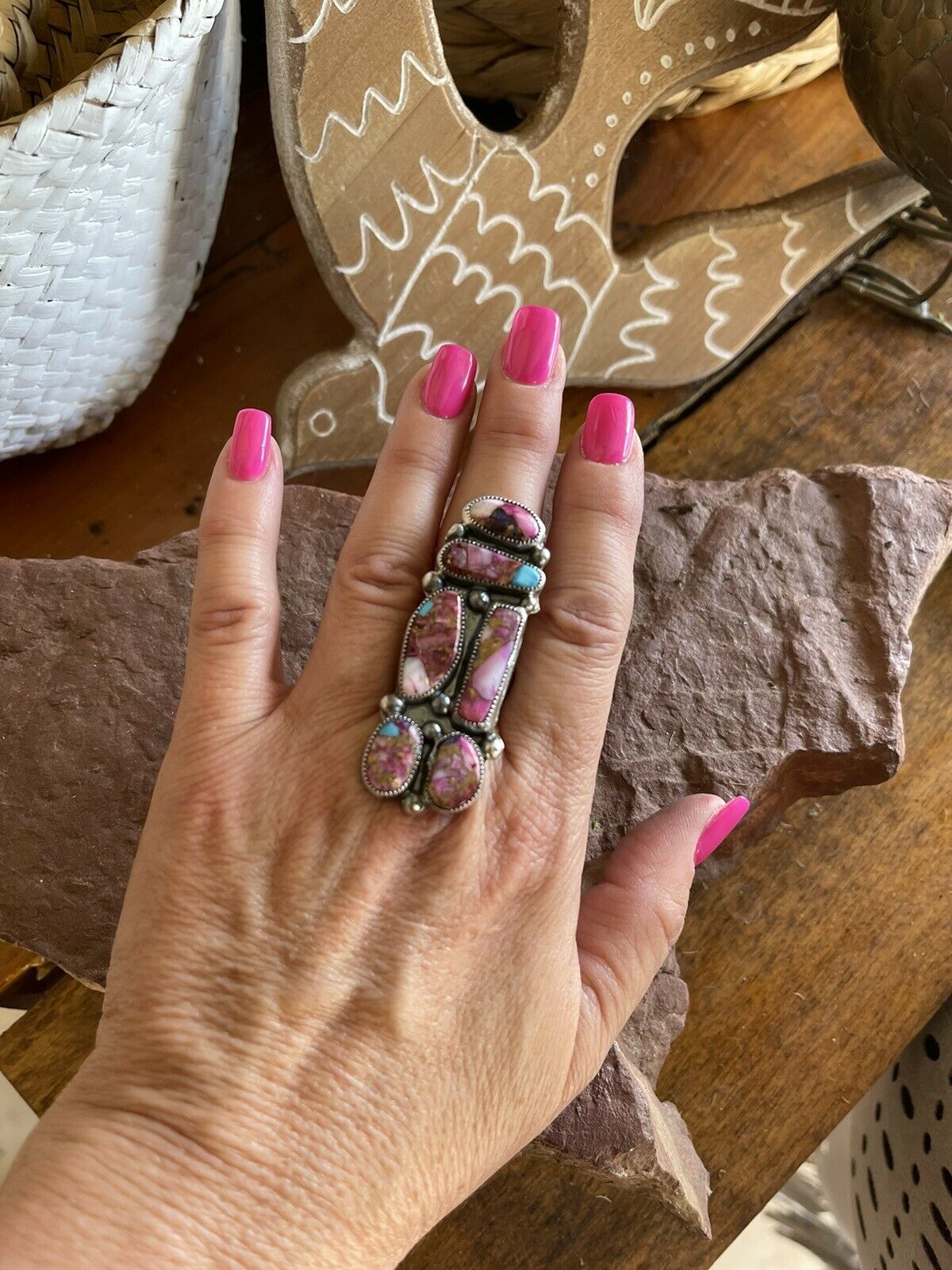 Handcrafted 6 stone Pink Dream Mojave & Sterling Silver Ring Size 8