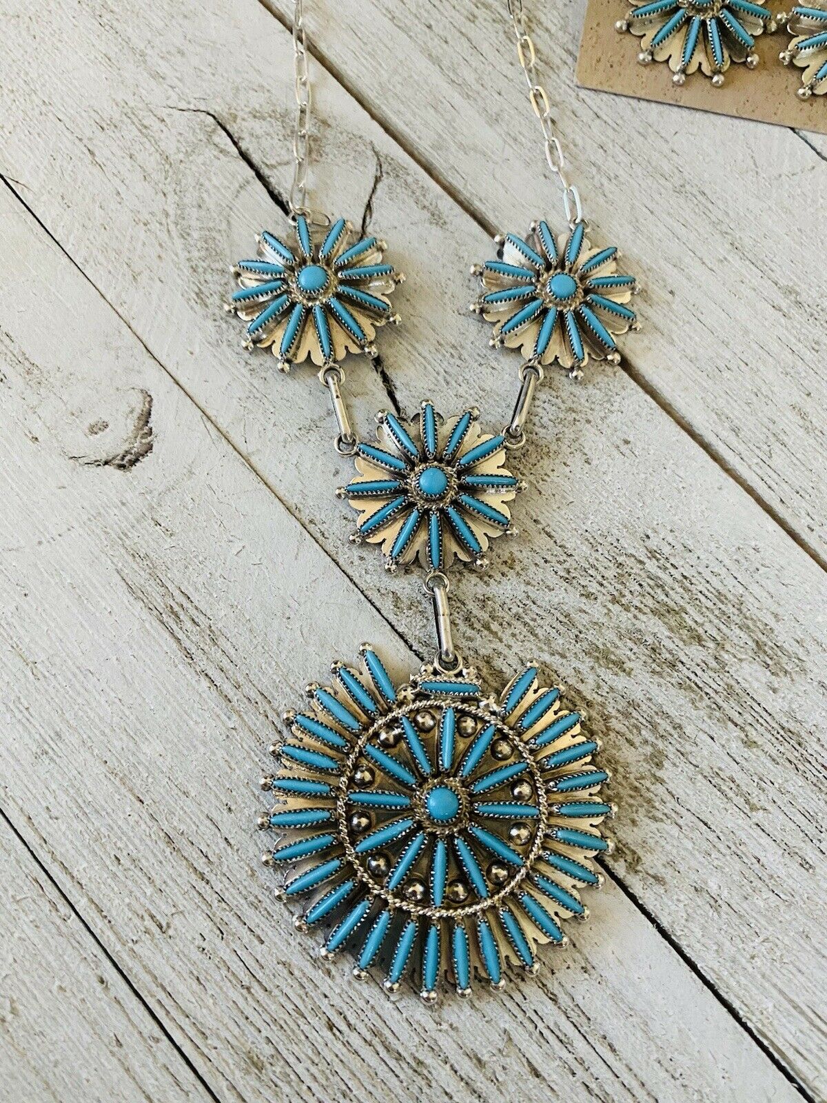 Zuni Sterling Silver & Turquoise Needlepoint Necklace & Earring Set Signed
