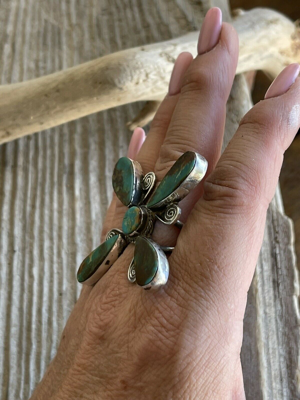 Handcrafted Sterling Silver & Royston Turquoise Scroll Petal Ring Size 8. Signed