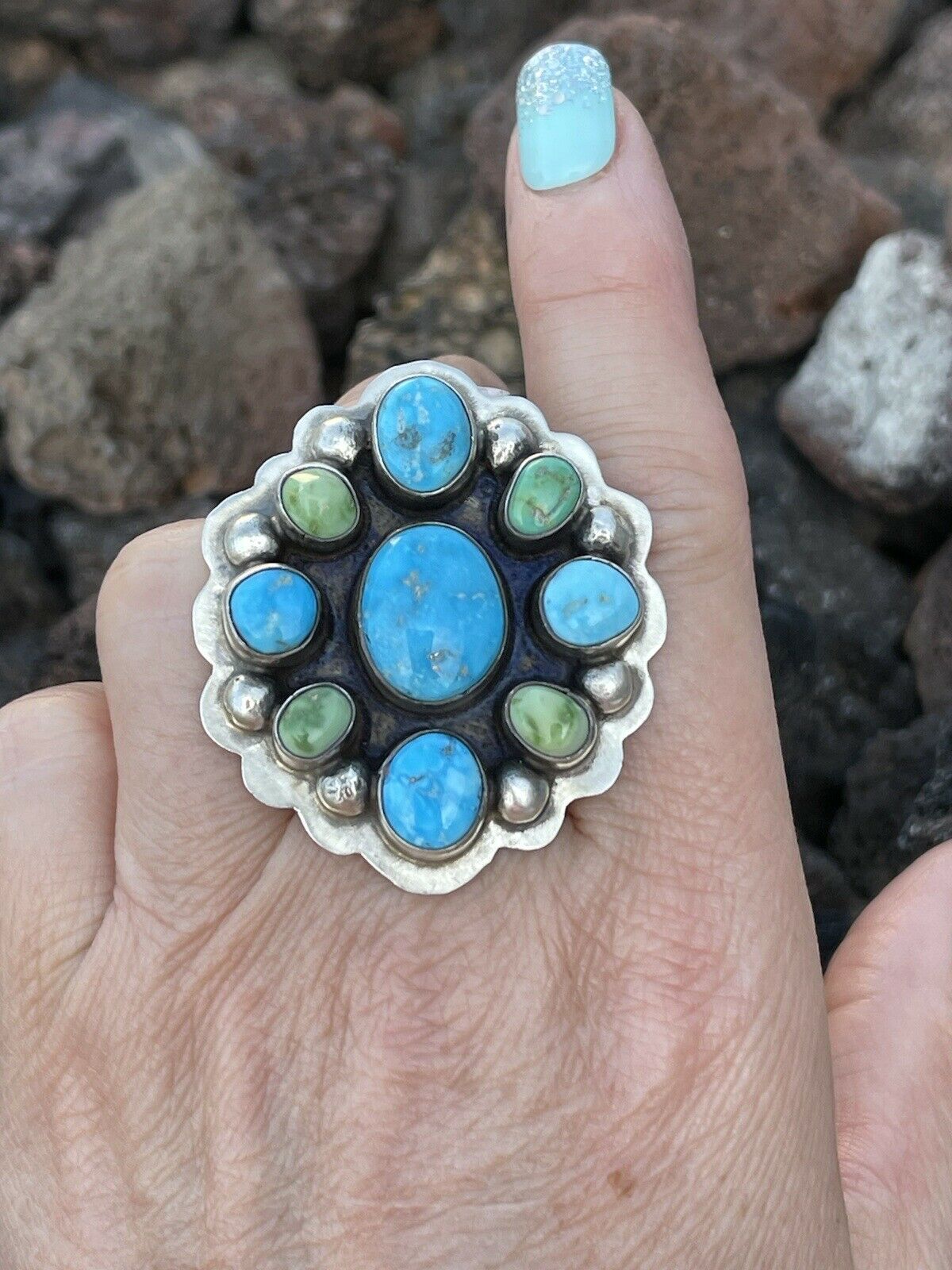 Navajo Sterling Sonoran Gold And Golden Hills Turquoise Cluster Ring Size 8.5