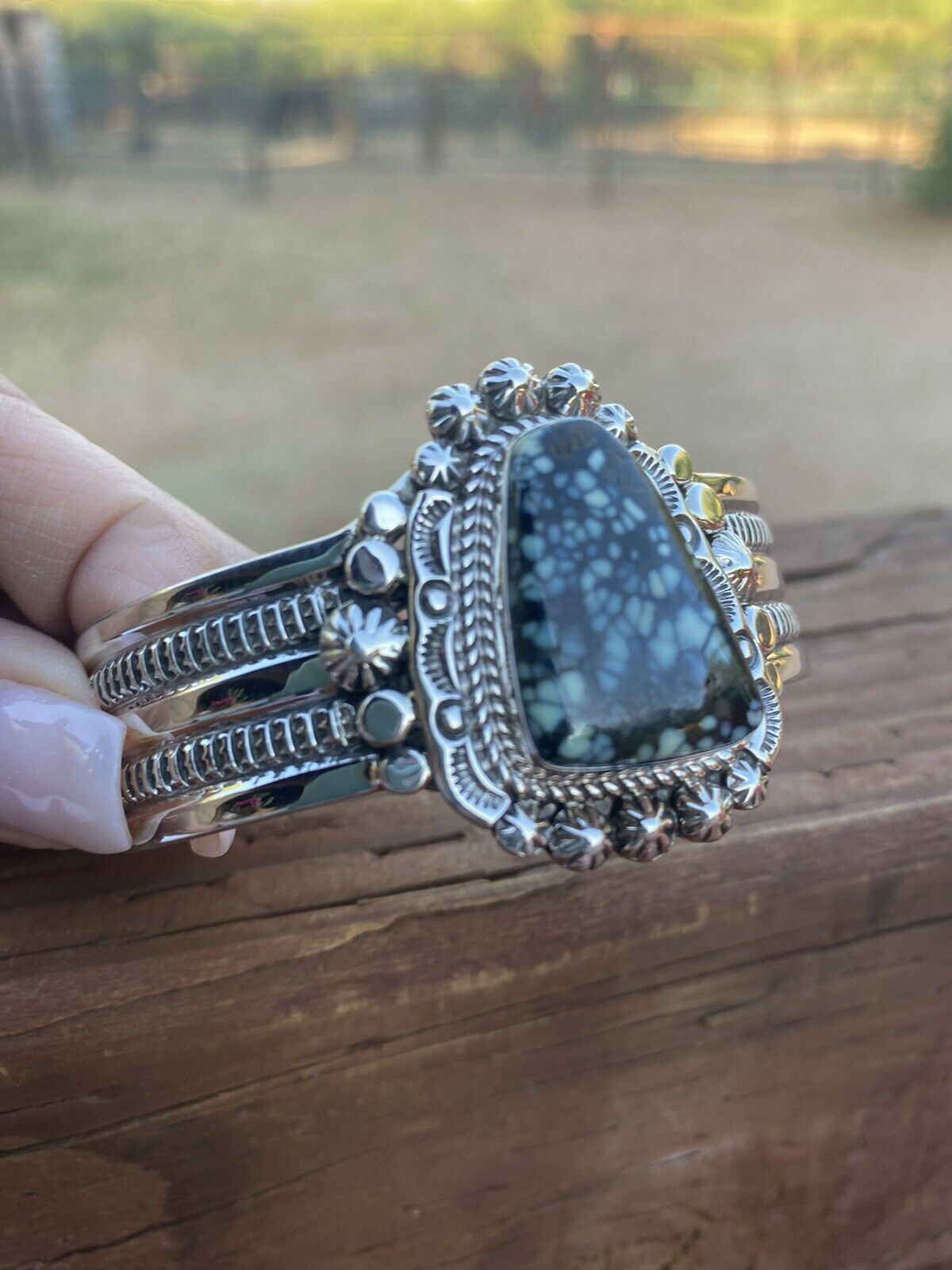 Handcrafted New Lander Turquoise & Sterling Silver Bracelet Cuff Signed