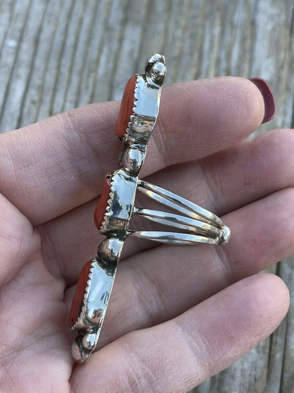 Handcrafted Sterling Silver Natural Coral Three Stone RIng Sz 5.5