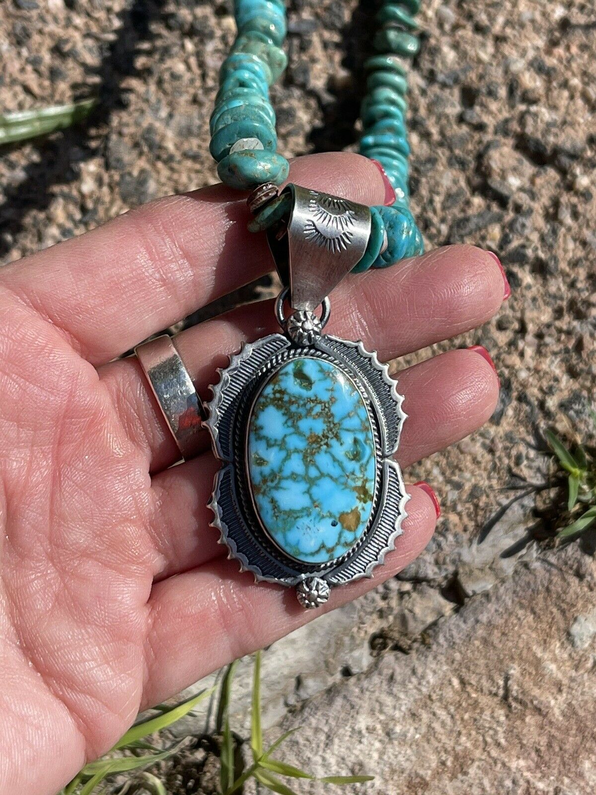 Handcrafted Number 8 Turquoise & Sterling Silver Elegant Pendant Signed
